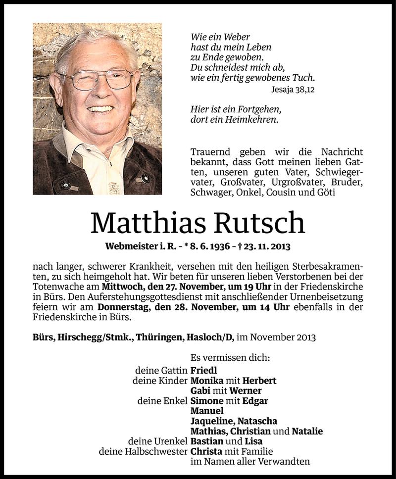  Todesanzeige für Matthias Rutsch vom 26.11.2013 aus Vorarlberger Nachrichten