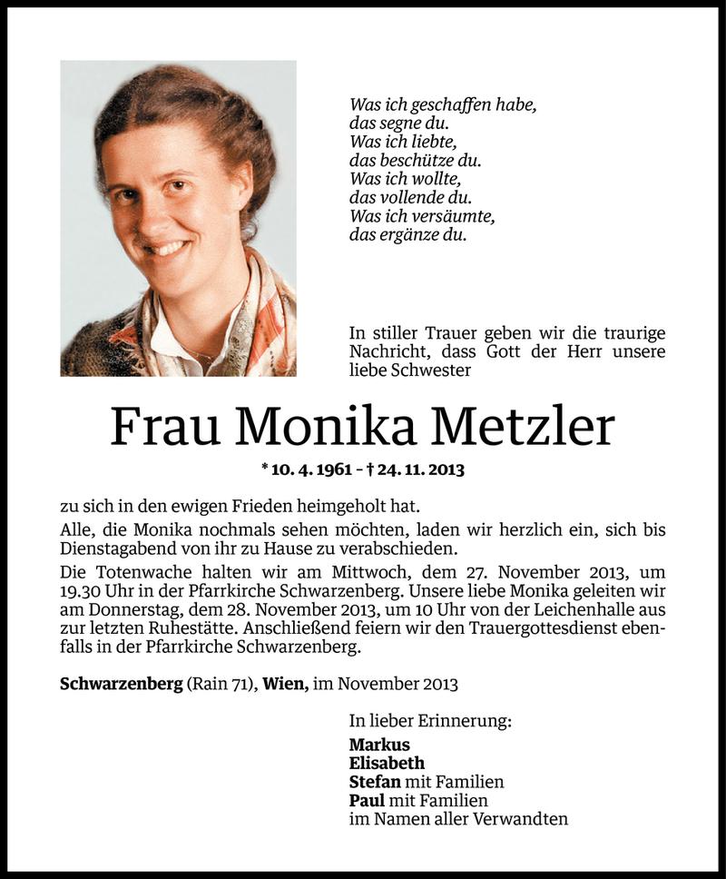  Todesanzeige für Monika Metzler vom 25.11.2013 aus Vorarlberger Nachrichten