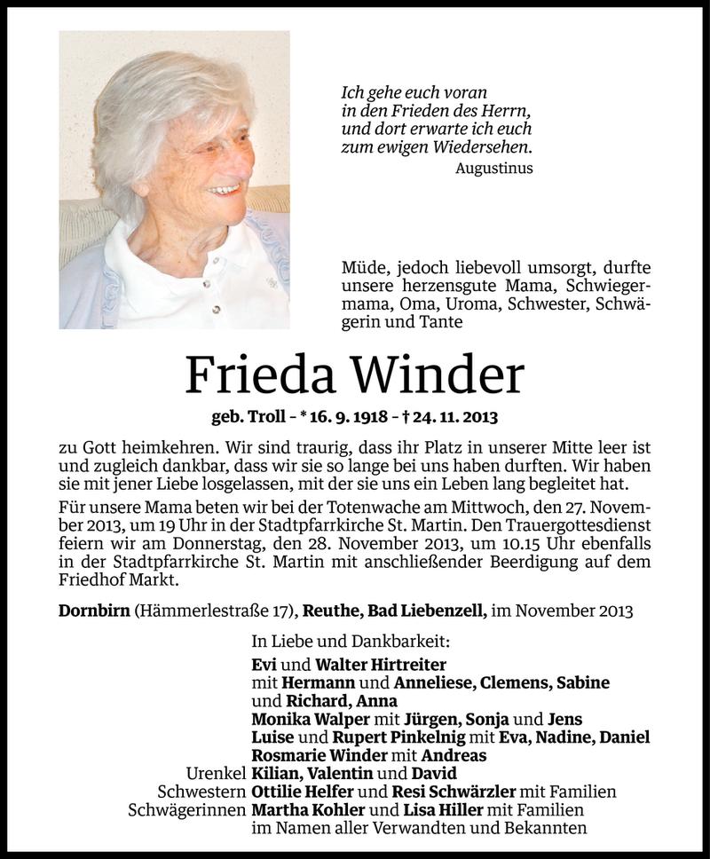  Todesanzeige für Frieda Winder vom 25.11.2013 aus Vorarlberger Nachrichten