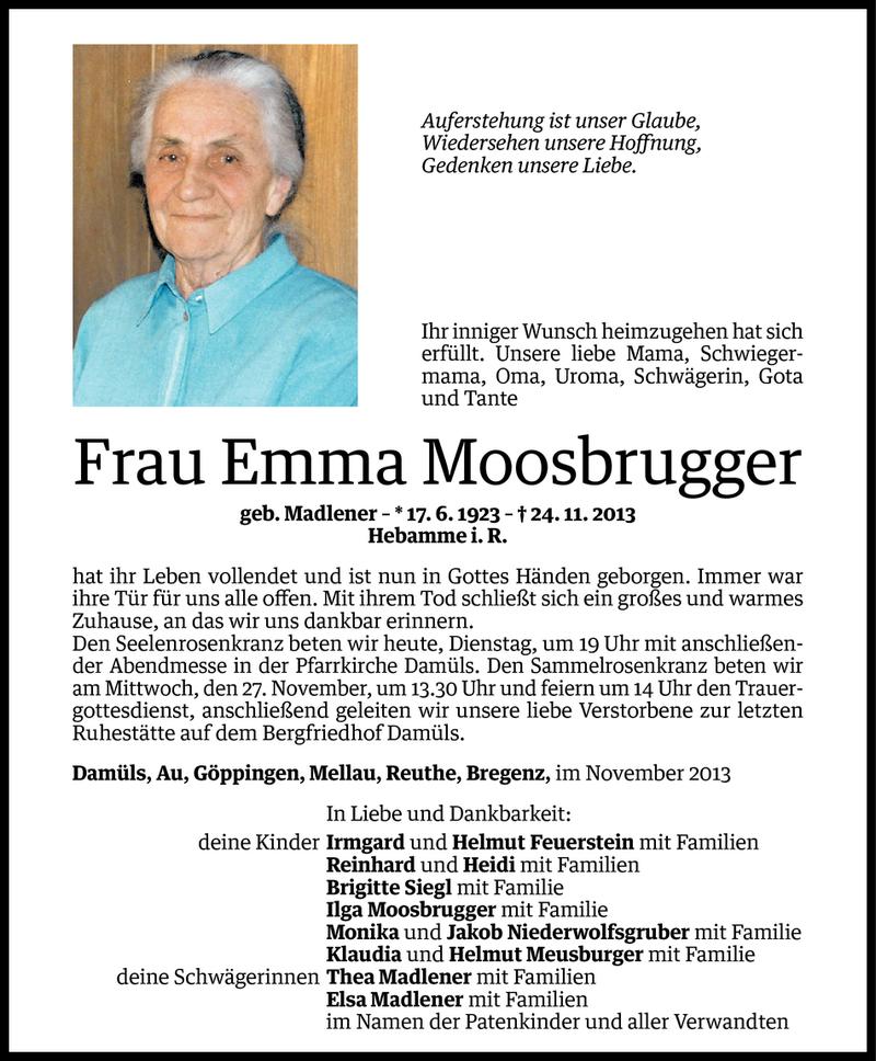  Todesanzeige für Emma Moosbrugger vom 25.11.2013 aus Vorarlberger Nachrichten