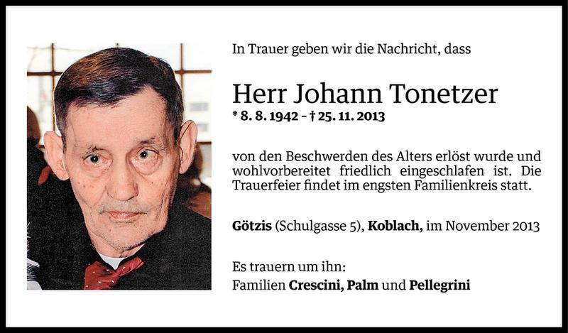  Todesanzeige für Johann Tonetzer vom 26.11.2013 aus Vorarlberger Nachrichten