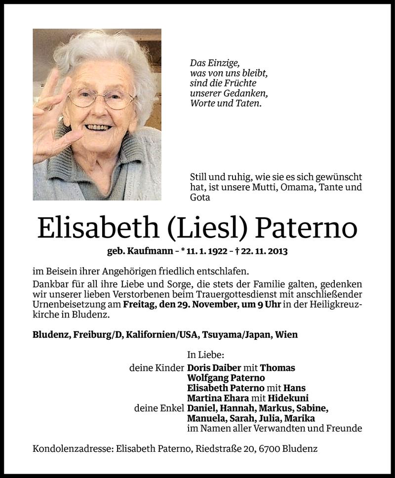  Todesanzeige für Elisabeth Paterno vom 27.11.2013 aus Vorarlberger Nachrichten