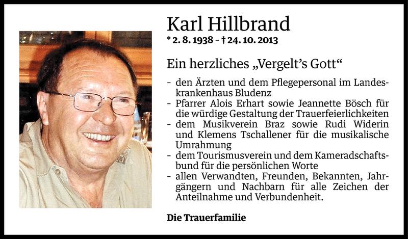  Todesanzeige für Karl Hillbrand vom 29.11.2013 aus Vorarlberger Nachrichten