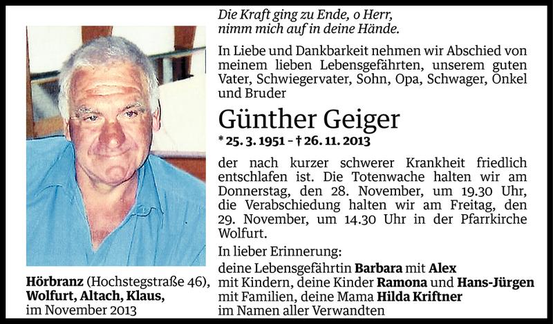  Todesanzeige für Günther Geiger vom 26.11.2013 aus Vorarlberger Nachrichten