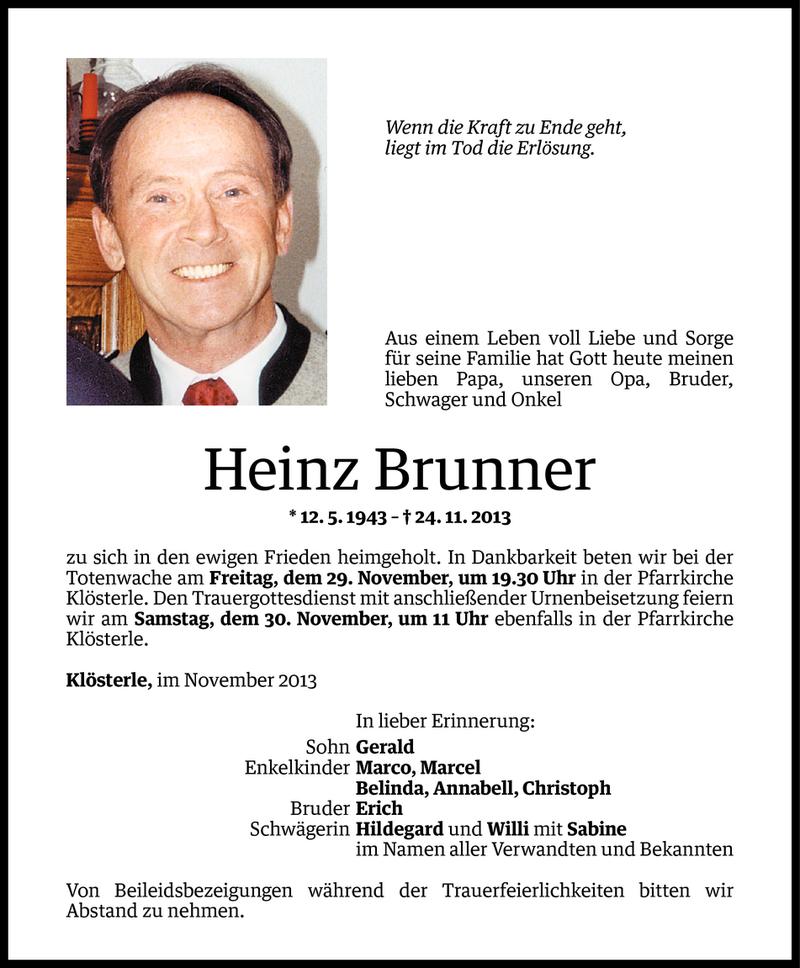  Todesanzeige für Heinz Brunner vom 28.11.2013 aus Vorarlberger Nachrichten