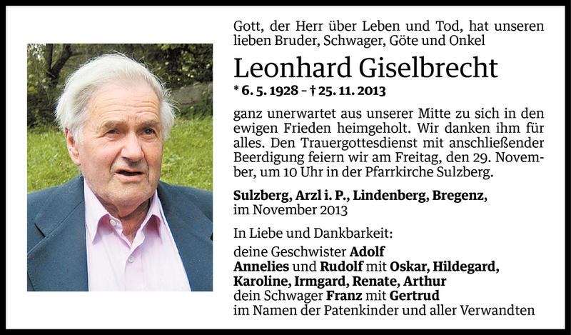  Todesanzeige für Leonhard Giselbrecht vom 27.11.2013 aus Vorarlberger Nachrichten