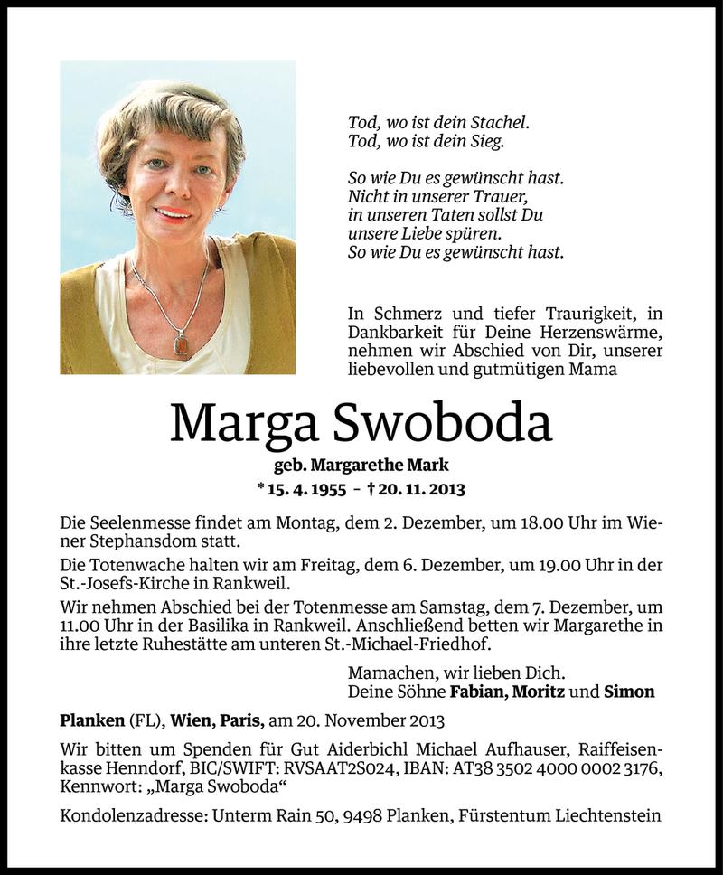  Todesanzeige für Marga Swoboda vom 28.11.2013 aus Vorarlberger Nachrichten