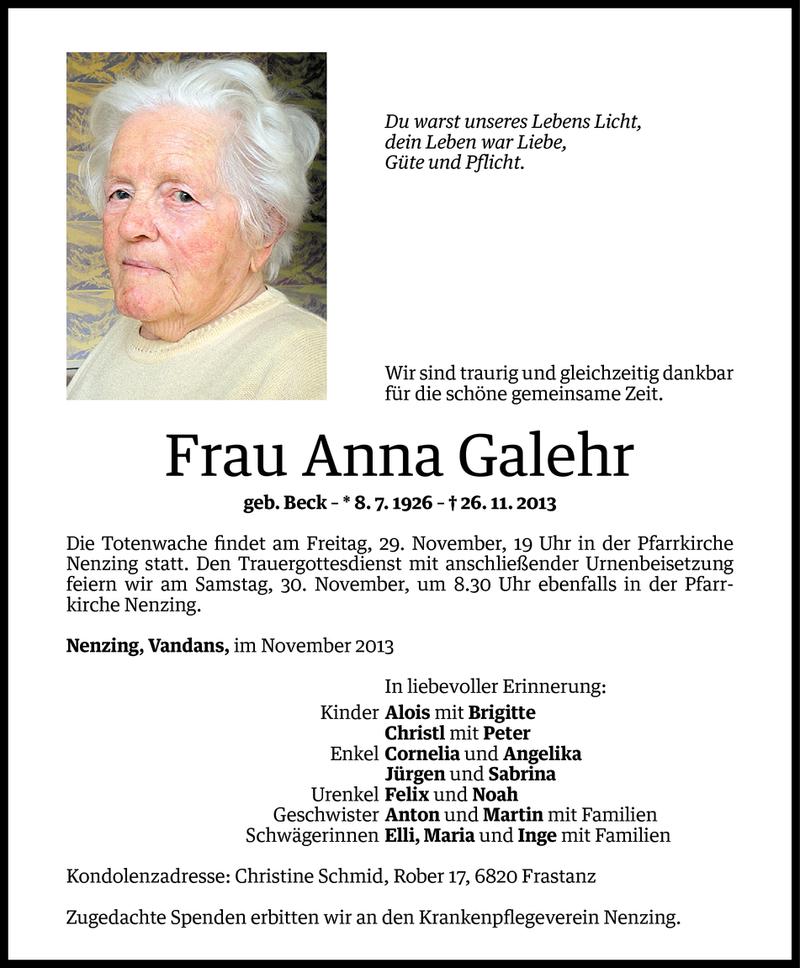  Todesanzeige für Anna Galehr vom 28.11.2013 aus Vorarlberger Nachrichten