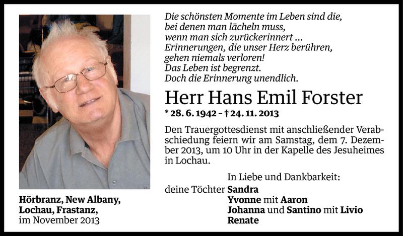  Todesanzeige für Hans Emil Forster vom 03.12.2013 aus Vorarlberger Nachrichten