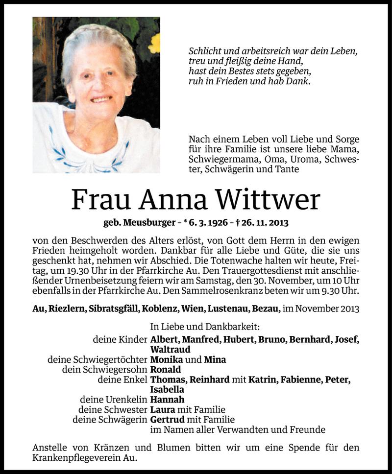  Todesanzeige für Anna Wittwer vom 28.11.2013 aus Vorarlberger Nachrichten