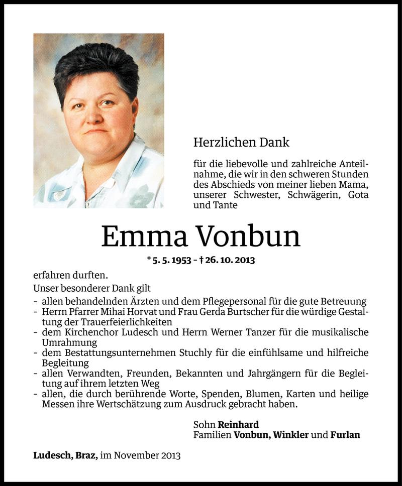  Todesanzeige für Emma Vonbun vom 28.11.2013 aus Vorarlberger Nachrichten