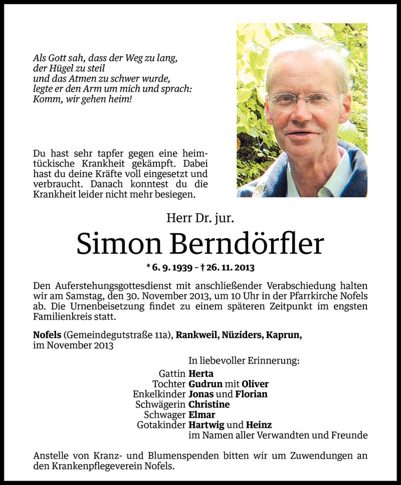  Todesanzeige für Simon Berndörfler vom 28.11.2013 aus Vorarlberger Nachrichten