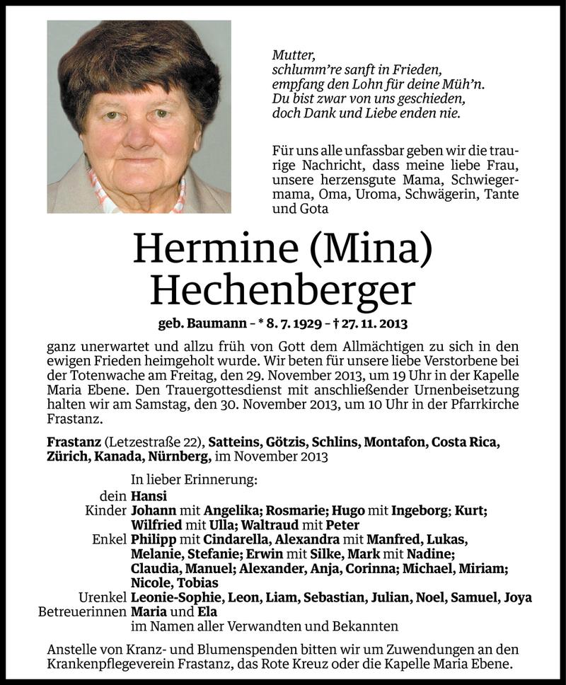  Todesanzeige für Hermine Hechenberger vom 28.11.2013 aus Vorarlberger Nachrichten