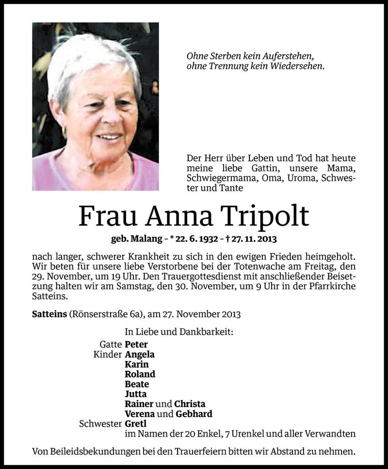  Todesanzeige für Anna Tripolt vom 28.11.2013 aus Vorarlberger Nachrichten