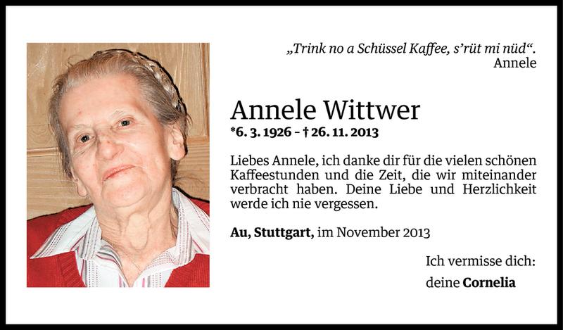  Todesanzeige für Anna Wittwer vom 28.11.2013 aus Vorarlberger Nachrichten