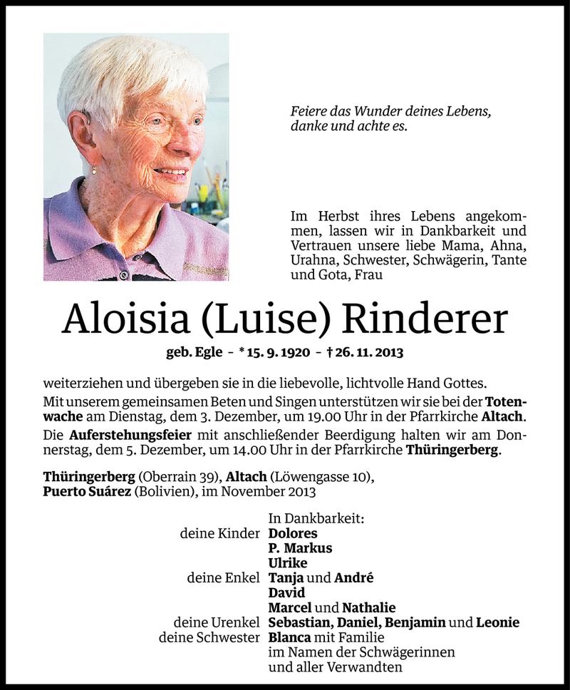  Todesanzeige für Aloisia Rinderer vom 30.11.2013 aus Vorarlberger Nachrichten