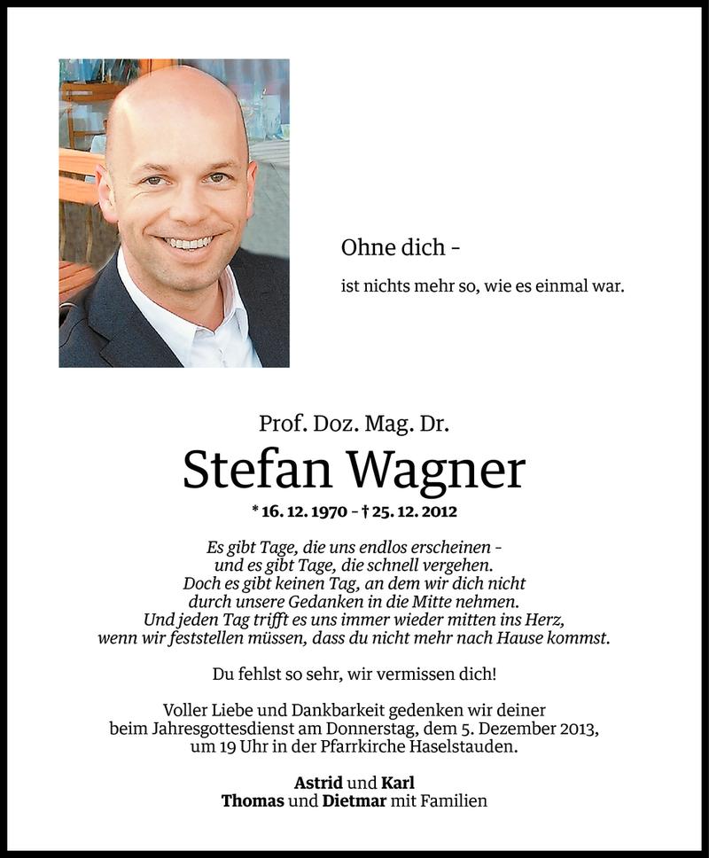  Todesanzeige für Prof. Doz. Mag. Dr. Stefan Wagner vom 02.12.2013 aus Vorarlberger Nachrichten