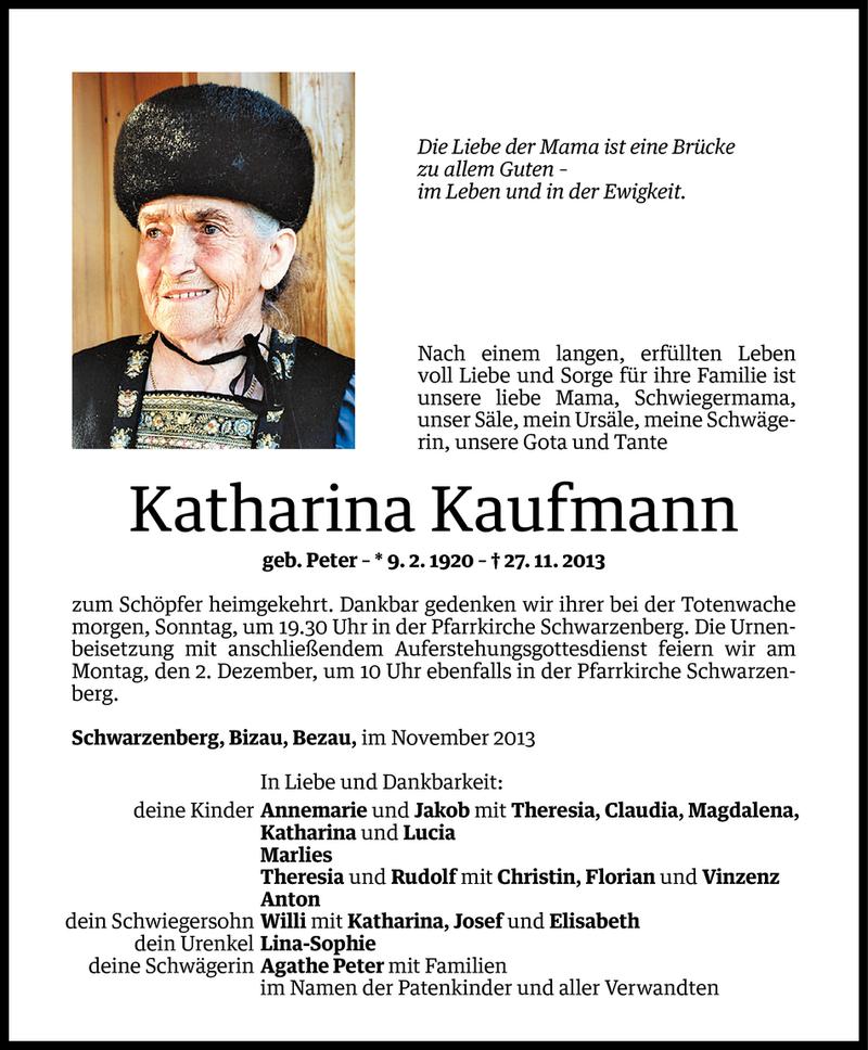  Todesanzeige für Katharina Kaufmann vom 29.11.2013 aus Vorarlberger Nachrichten