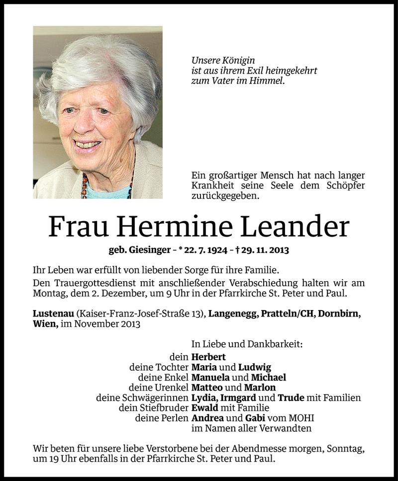  Todesanzeige für Hermine Leander vom 29.11.2013 aus Vorarlberger Nachrichten