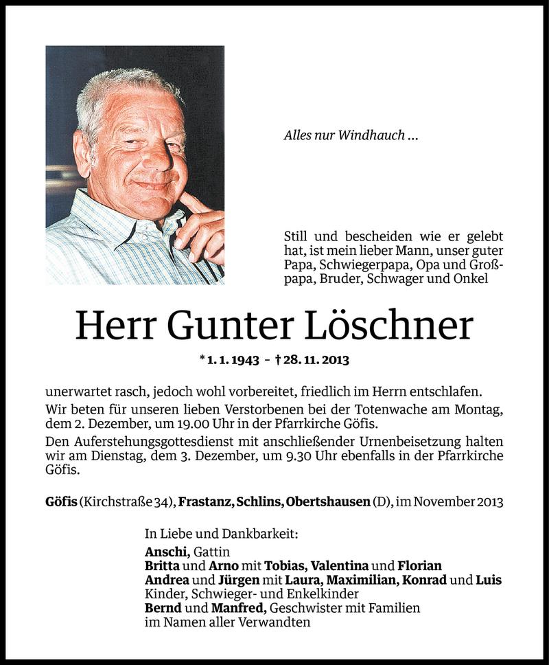  Todesanzeige für Gunter Löschner vom 30.11.2013 aus Vorarlberger Nachrichten