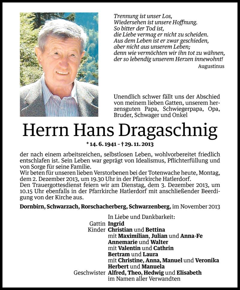  Todesanzeige für Hans Dragschnig vom 01.12.2013 aus Vorarlberger Nachrichten