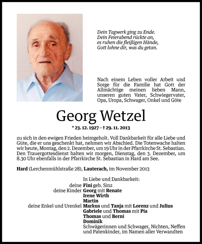  Todesanzeige für Georg Wetzel vom 01.12.2013 aus Vorarlberger Nachrichten