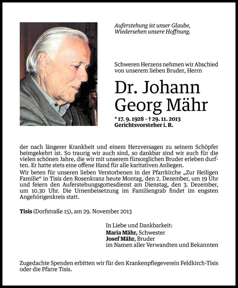  Todesanzeige für Johann Georg Mähr vom 01.12.2013 aus Vorarlberger Nachrichten