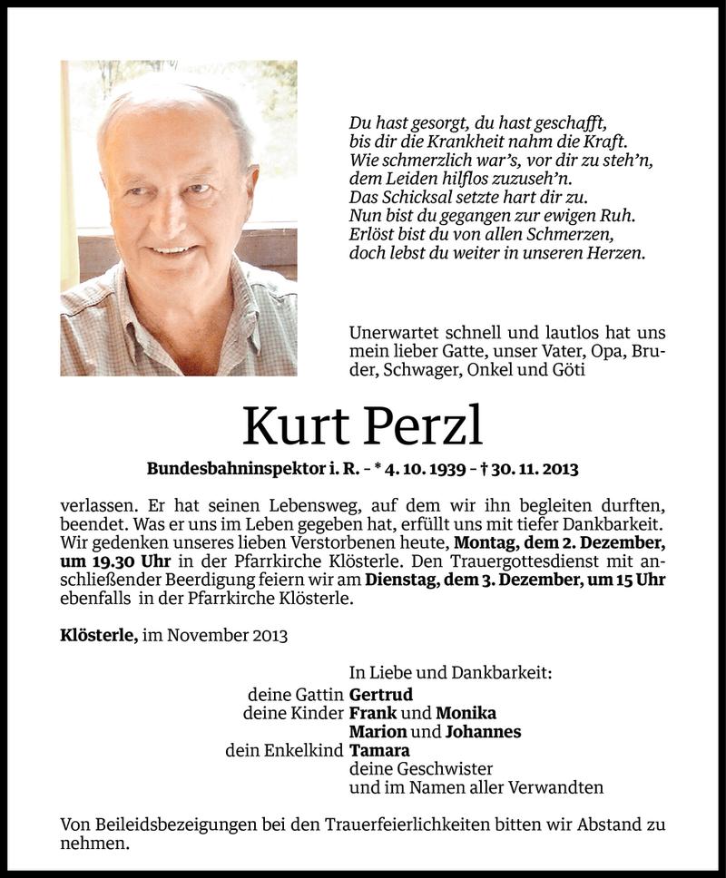  Todesanzeige für Kurt Perzl vom 02.12.2013 aus Vorarlberger Nachrichten