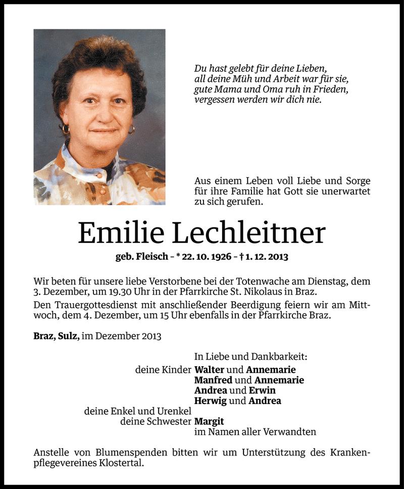  Todesanzeige für Emilie Lechleitner vom 03.12.2013 aus Vorarlberger Nachrichten