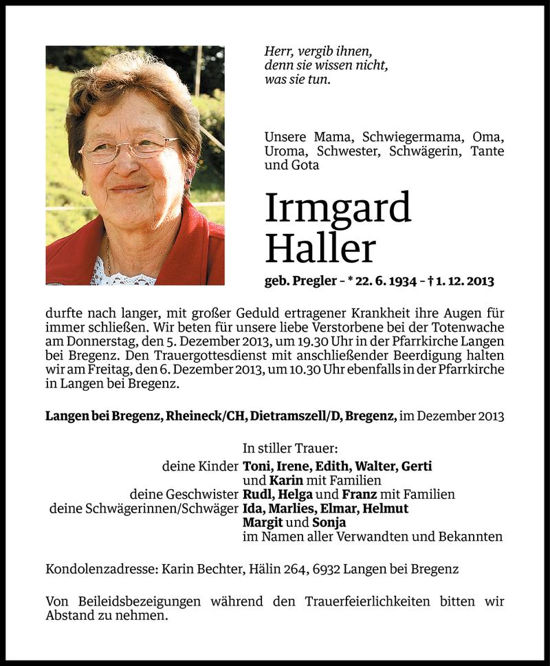  Todesanzeige für Irmgard Haller vom 02.12.2013 aus Vorarlberger Nachrichten