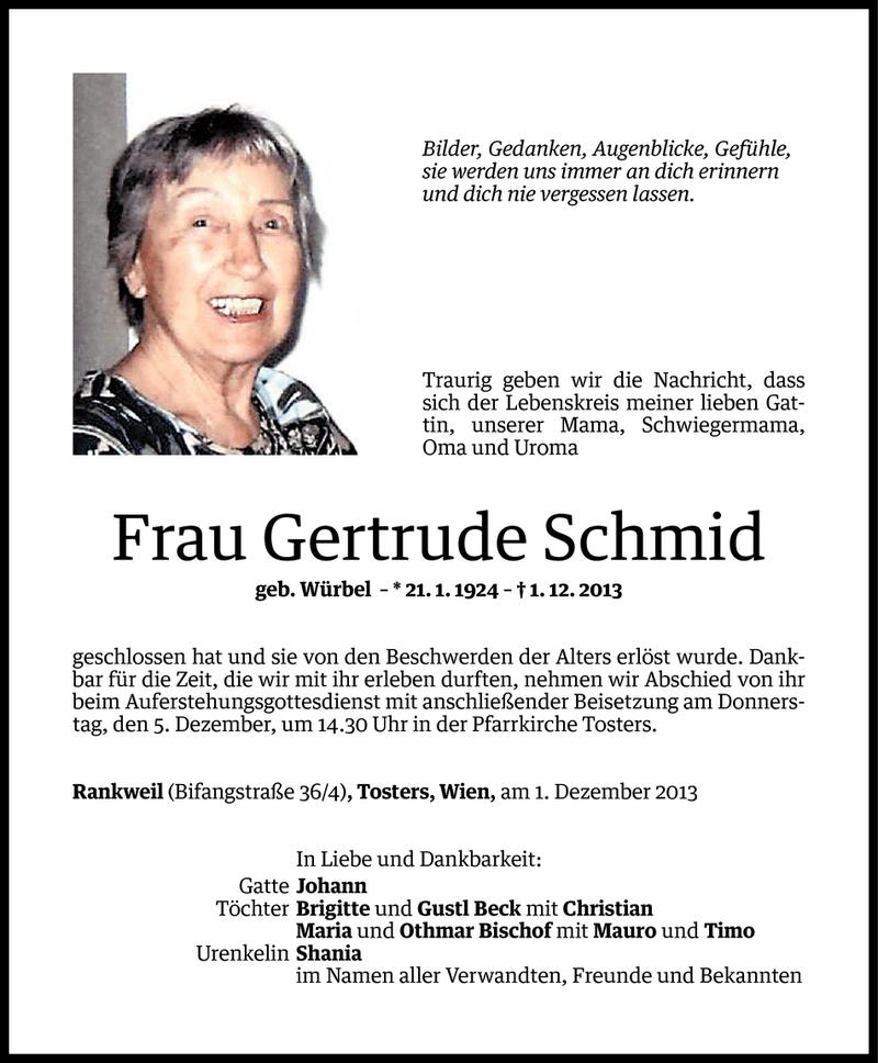  Todesanzeige für Gertrude Schmid vom 02.12.2013 aus Vorarlberger Nachrichten