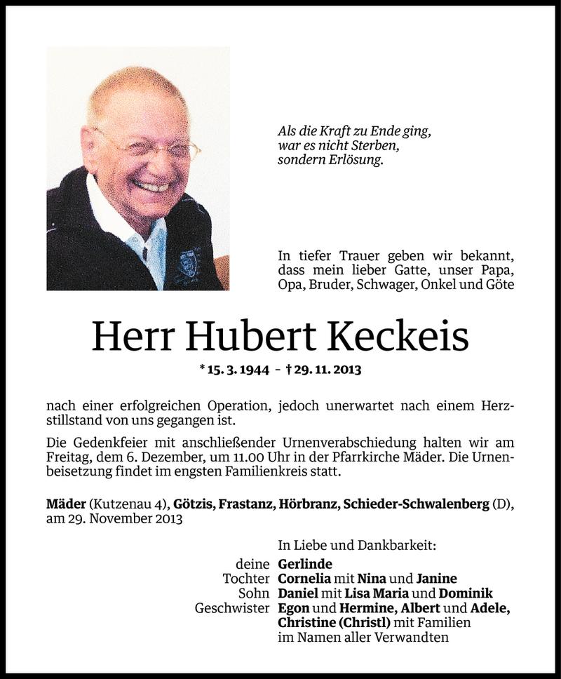  Todesanzeige für Hubert Keckeis vom 04.12.2013 aus Vorarlberger Nachrichten