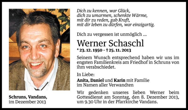  Todesanzeige für Werner Schaschl vom 04.12.2013 aus Vorarlberger Nachrichten