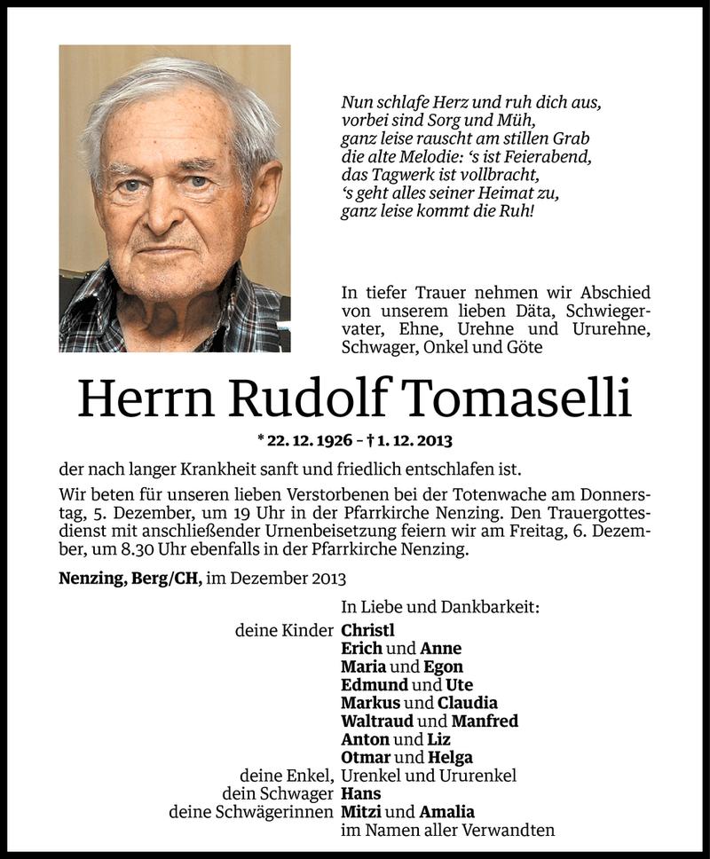  Todesanzeige für Rudolf Tomaselli vom 04.12.2013 aus Vorarlberger Nachrichten