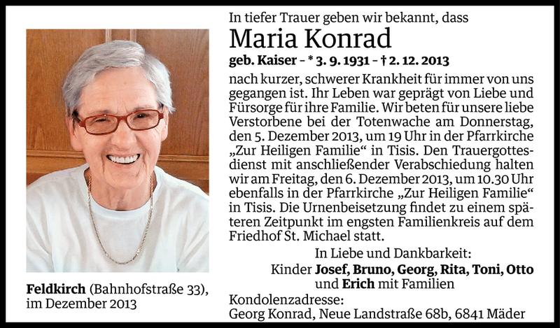  Todesanzeige für Maria Konrad vom 03.12.2013 aus Vorarlberger Nachrichten