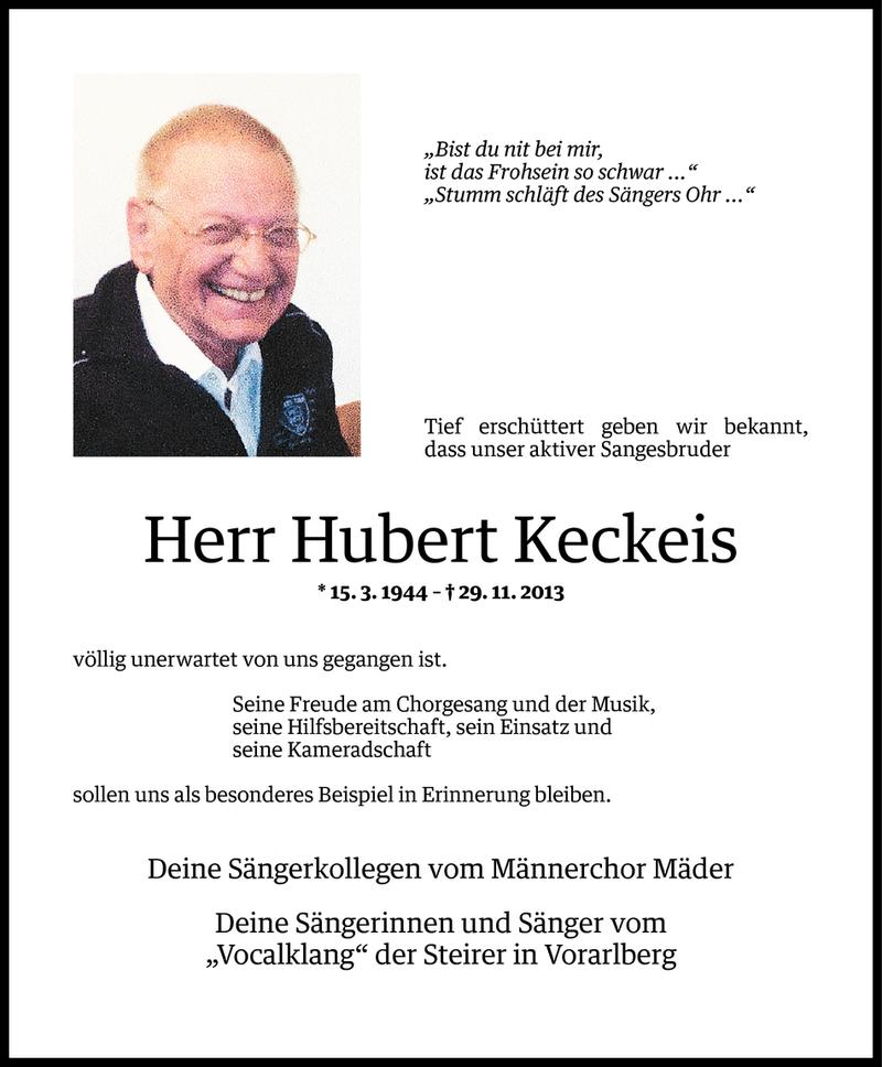  Todesanzeige für Hubert Keckeis vom 04.12.2013 aus Vorarlberger Nachrichten