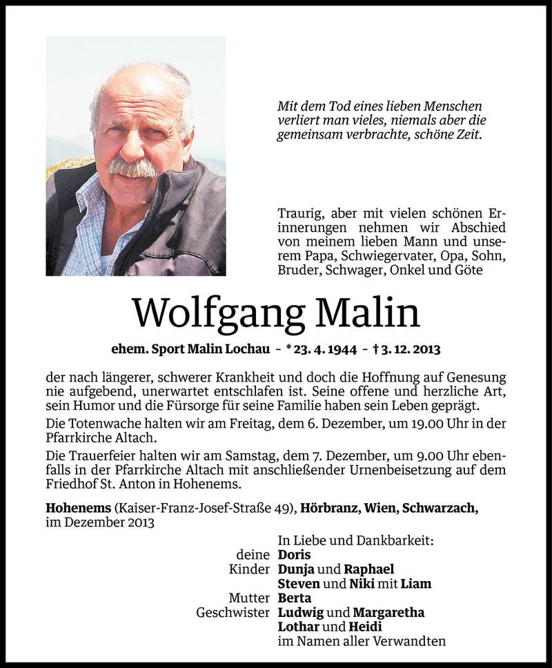  Todesanzeige für Wolfgang Malin vom 06.12.2013 aus Vorarlberger Nachrichten