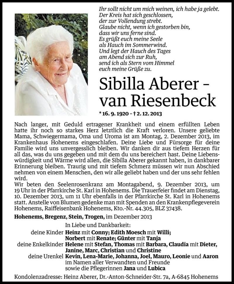  Todesanzeige für Sibilla Aberer - van Riesenbeck vom 05.12.2013 aus Vorarlberger Nachrichten