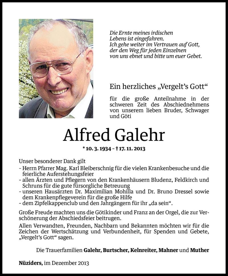  Todesanzeige für Alfred Galehr vom 06.12.2013 aus Vorarlberger Nachrichten