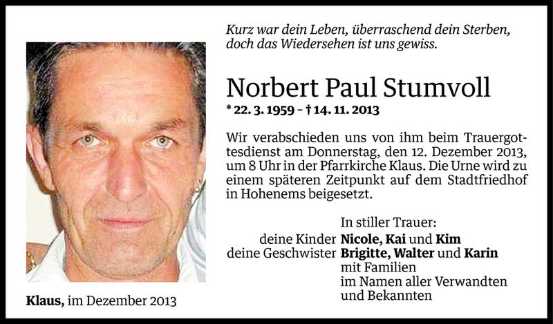  Todesanzeige für Norbert Paul Stumvoll vom 06.12.2013 aus Vorarlberger Nachrichten