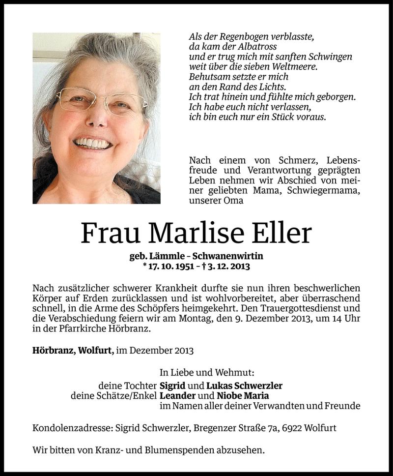  Todesanzeige für Marlise Eller vom 06.12.2013 aus Vorarlberger Nachrichten