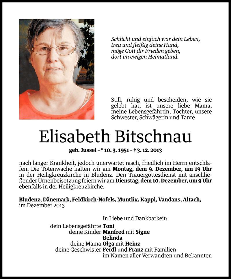  Todesanzeige für Elisabeth Bitschnau vom 07.12.2013 aus Vorarlberger Nachrichten