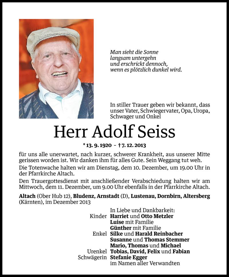  Todesanzeige für Adolf Seiss vom 09.12.2013 aus Vorarlberger Nachrichten