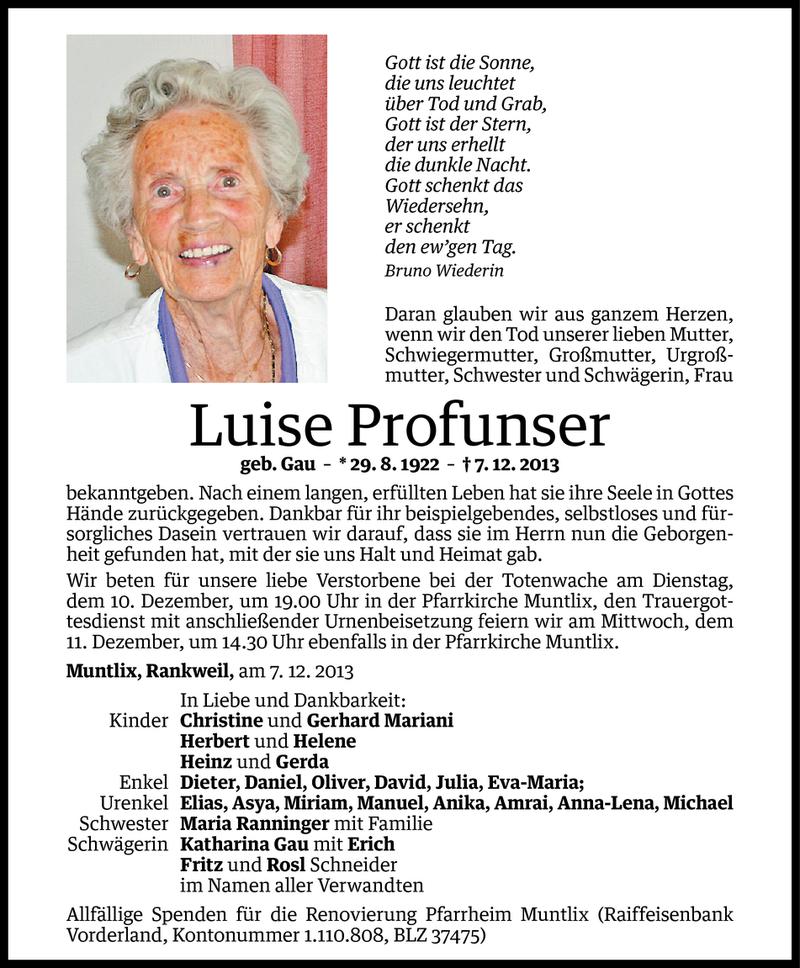  Todesanzeige für Luise Profunser vom 09.12.2013 aus Vorarlberger Nachrichten
