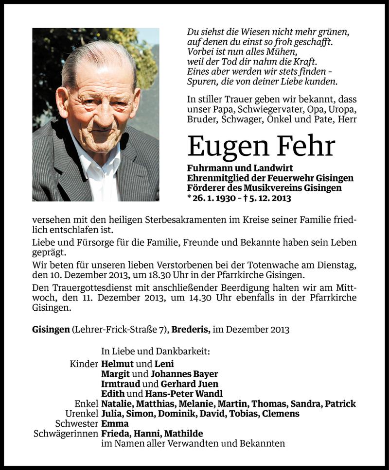  Todesanzeige für Eugen Fehr vom 08.12.2013 aus Vorarlberger Nachrichten
