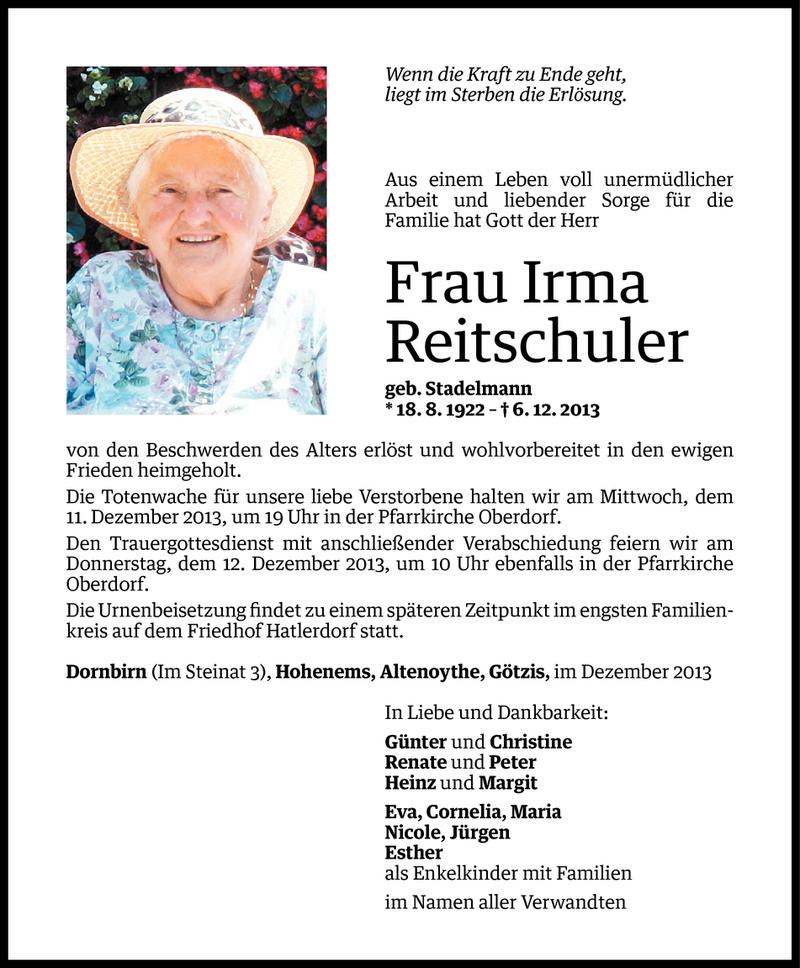  Todesanzeige für Irma Reitschuler vom 08.12.2013 aus Vorarlberger Nachrichten