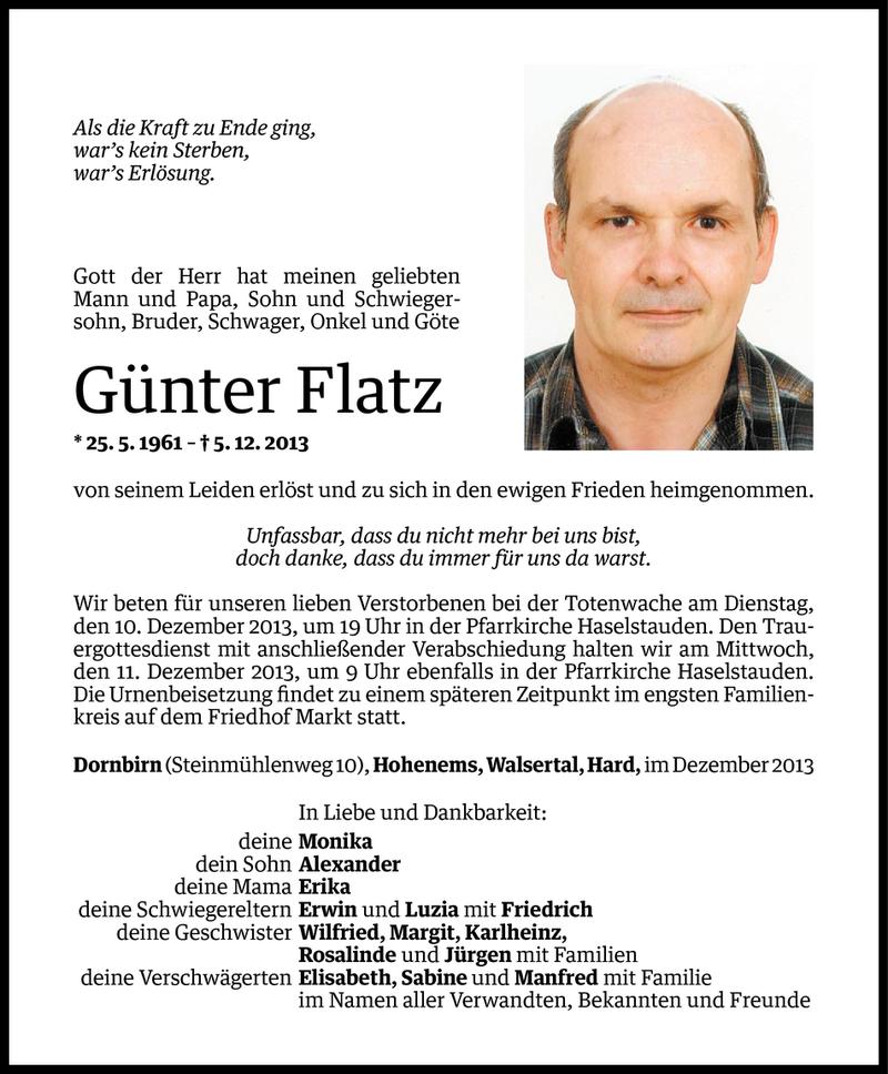  Todesanzeige für Günter Flatz vom 08.12.2013 aus Vorarlberger Nachrichten