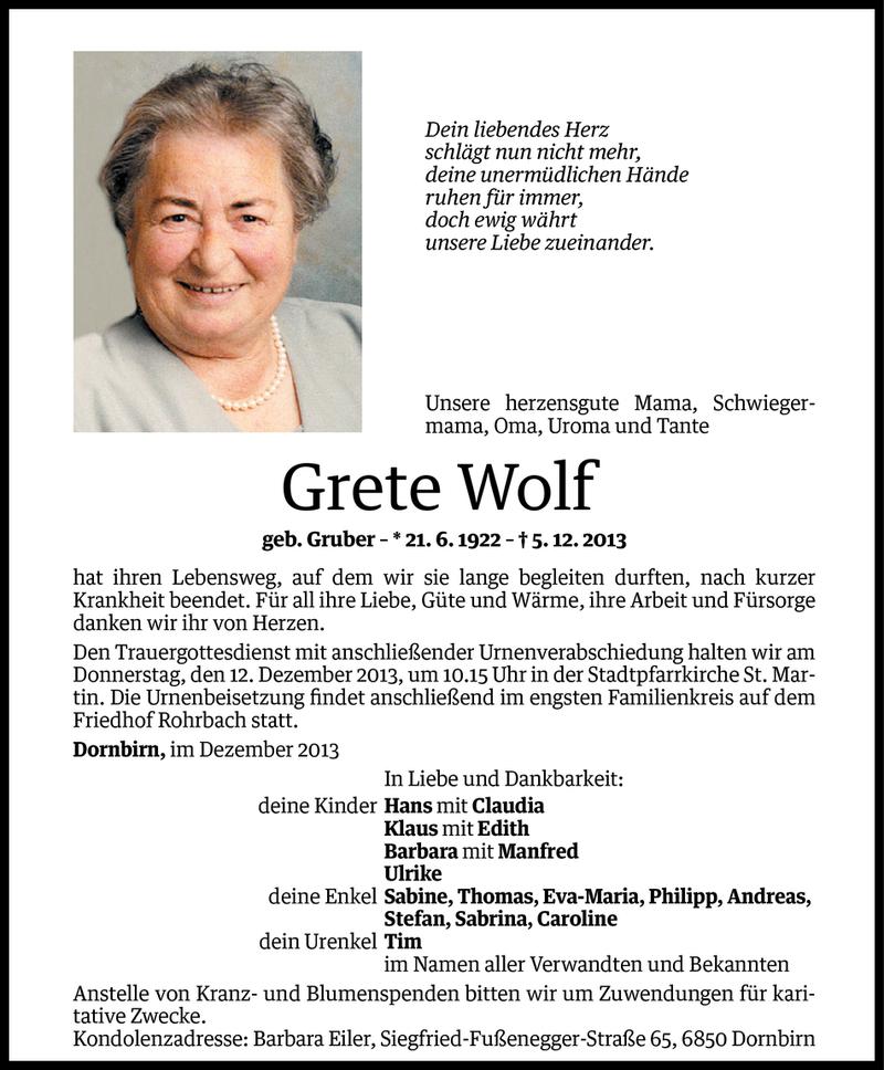  Todesanzeige für Grete Wolf vom 09.12.2013 aus Vorarlberger Nachrichten