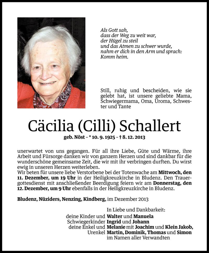  Todesanzeige für Cäcilia Schallert vom 09.12.2013 aus Vorarlberger Nachrichten