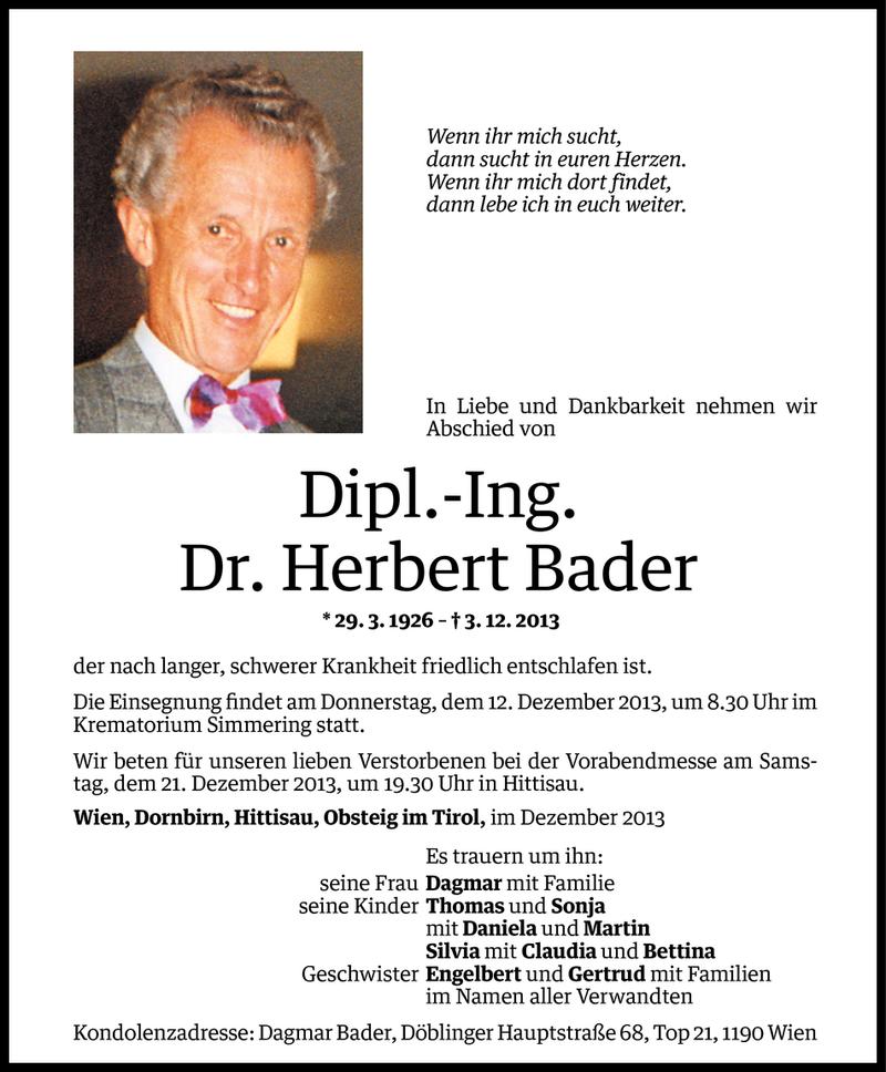  Todesanzeige für Herbert Bader vom 09.12.2013 aus Vorarlberger Nachrichten